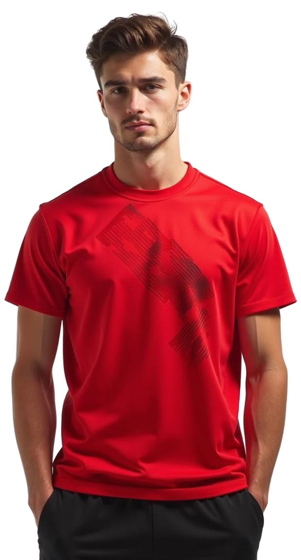 Hombre joven con camiseta deportiva azul personalizada, plano medio largo.