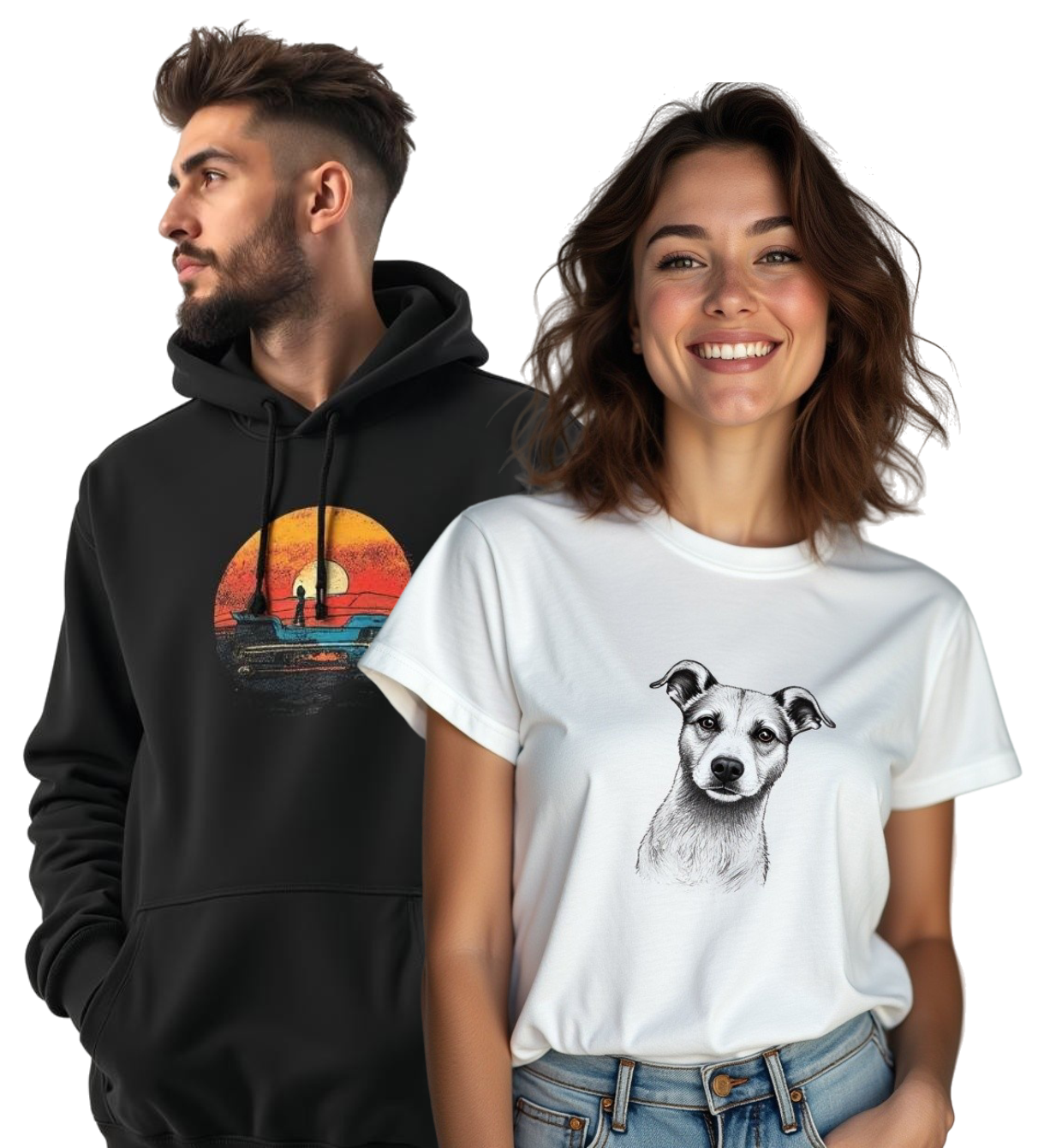 Modelo hombre con sudadera personalizada negra y modelo mujer con camiseta personalizada blanca de QueCamiseta