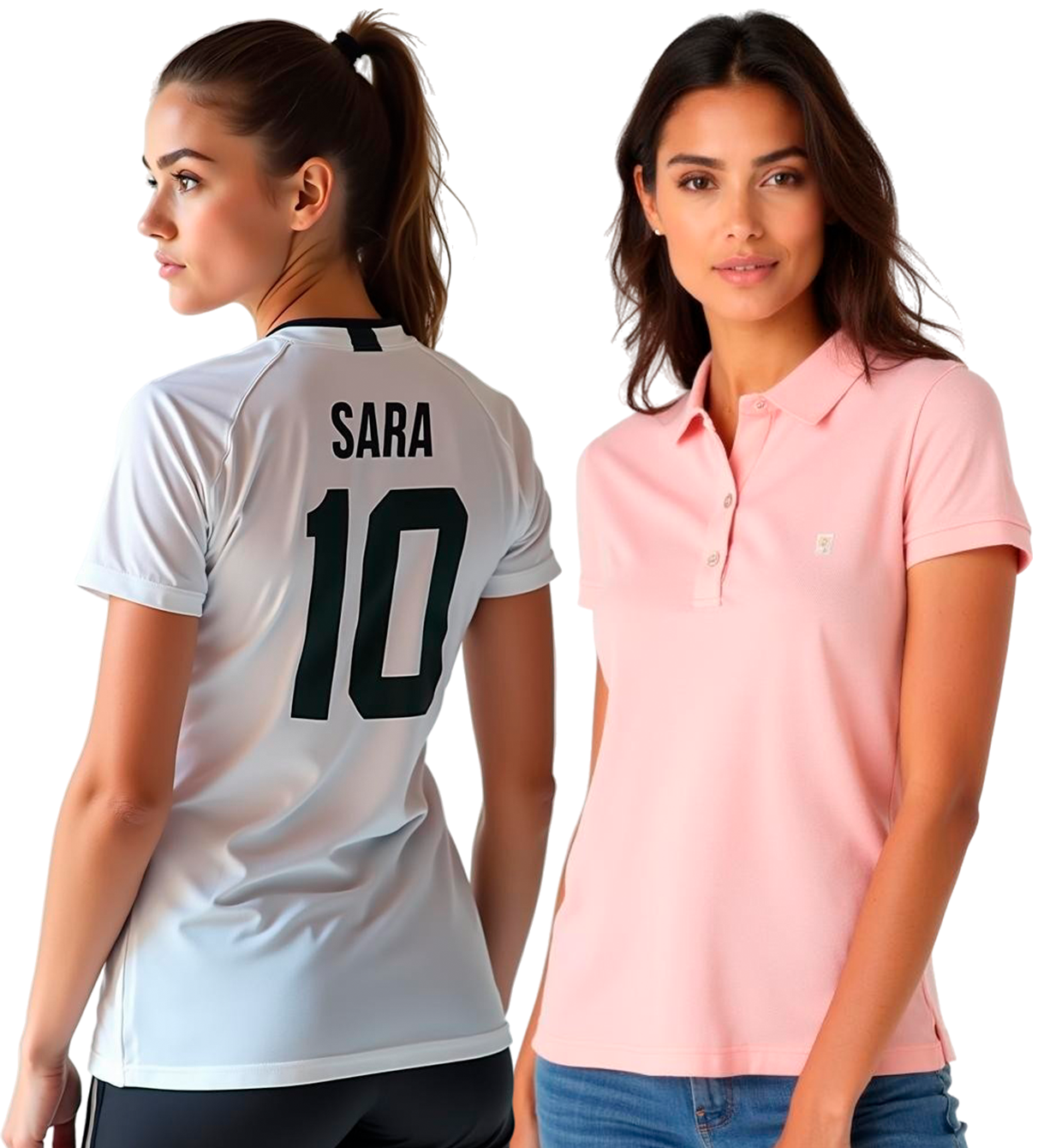Mujer con polo rosa claro de piqué con pequeño diseño personalizado en el pecho izquierdo y otra mujer vistiendo camiseta técnica deportiva con estampado personalizado