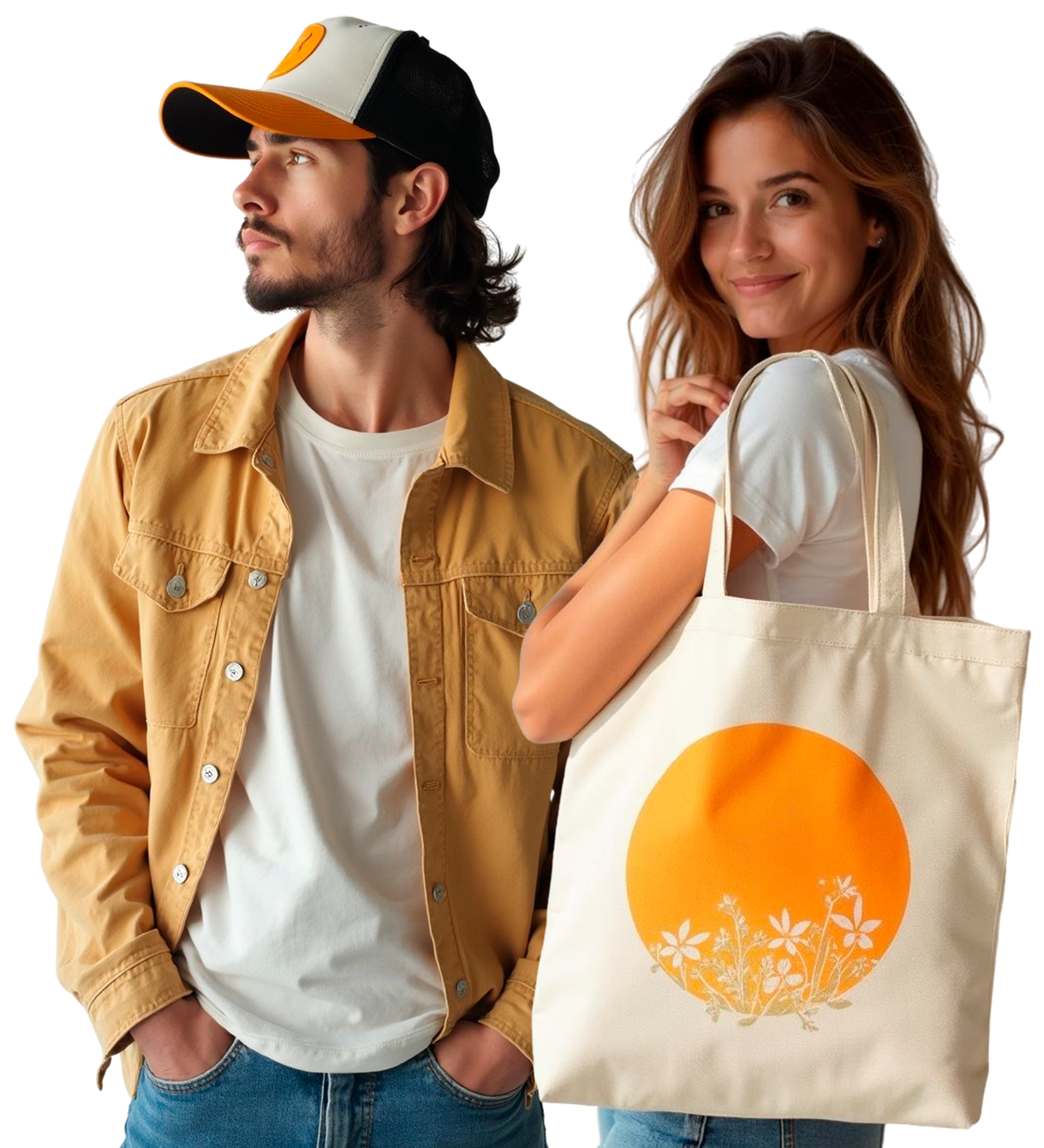 Chica con tote bag personalizada y persona con gorra trucker de 5 paneles con rejilla lateral y frontal liso, complementos personalizados de moda casual