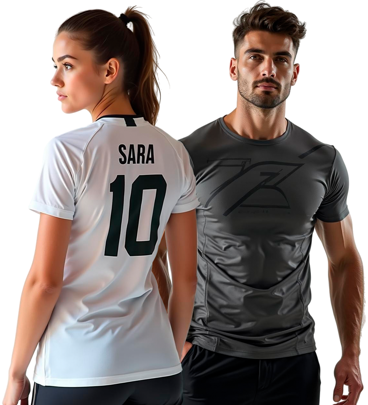 Chico con camiseta deportiva personalizada con diseño de mancuernas y emote desafiante, y chica de espaldas con camiseta deportiva con nombre Sara y número 10 en la espalda